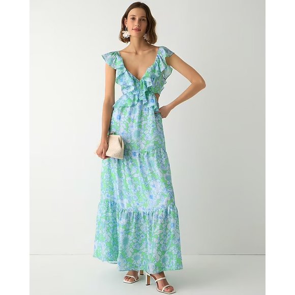 J. Crew Collection Ruffle-Trim V-Neck Cutout Maxi Dress in Lime Floral size 12 - Picture 4 of 4